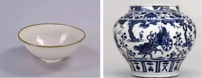 元代以后,青花瓷(右)逐漸取代了定瓷(左) 元代以后,青花瓷(右)逐漸取代了定瓷(左)